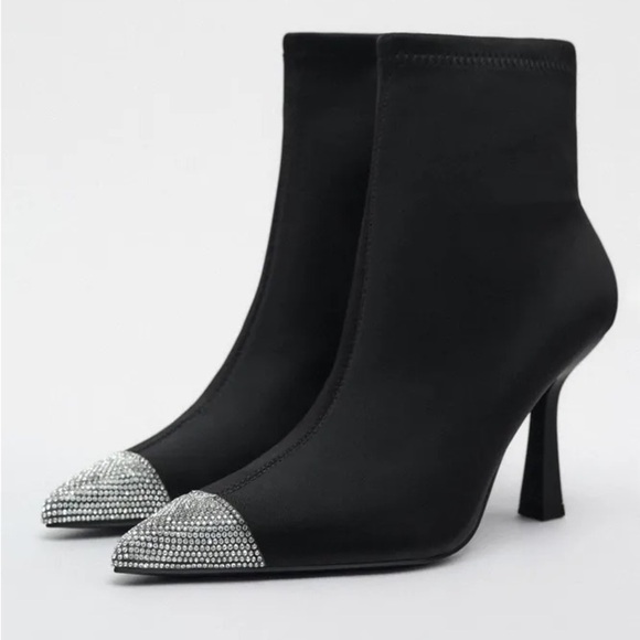 NWT. Zara Black High Heel Fabric Rhinestone Toe Ankle Boots. Size 6. - Picture 2 of 8